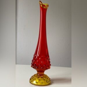 Vintage Red and Yellow Fenton Amberina Hobnail Glass Swung Vase 9.5”